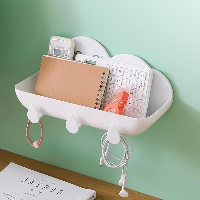 Veemoon Cloud-Shaped Wall-Mount Shelf Bathroom Storage Rack with Hooks White Metal Hanging Organizer for Home Accessories and Bathroom Essentials
