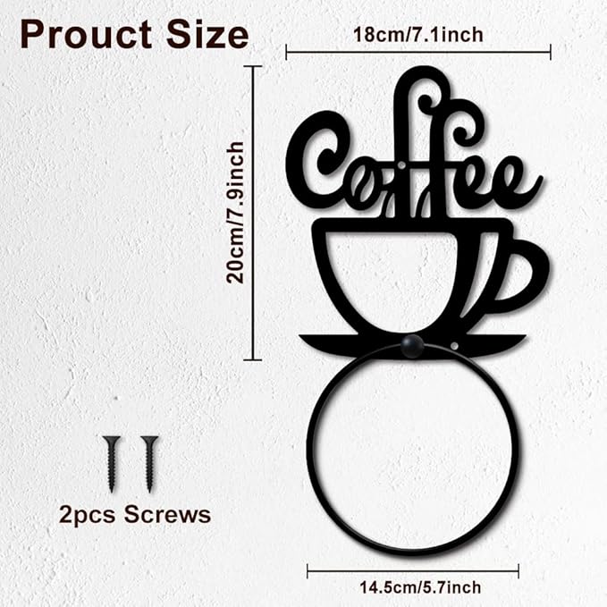 MAYJOYDIY Coffee Metal Towel Ring Tea Cup Towel Holder Afternoon Tea Coffee Wall Decor Towel Hanger Black Art Towel Rack Wall Mounted for Bathroom Kitchen Home Shop Decors Gift
