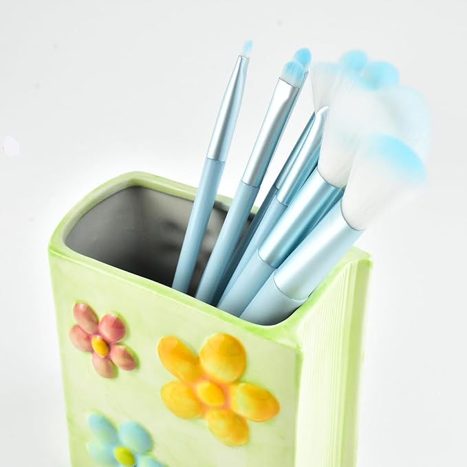 Ceramic Book Shaped Flower Pattern Cosmetic Storage Box, Desktop Organizers Make Up Brush Storage Stand Desktop Storage Box for Brush, Painting Brush (Green)