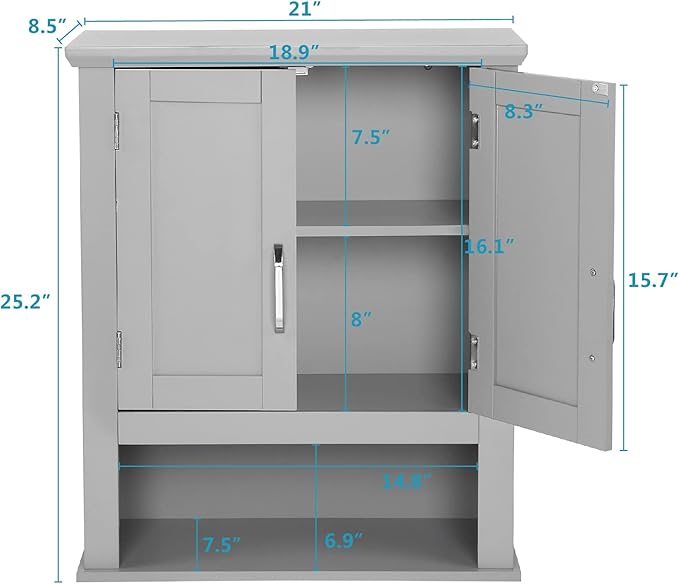 VINGLI Medecine Cabinet with 2 Doors Bathrooom Wall Cabinet Grey Over The Toilet Storage Towel Cabinet 1 Adjustable Shelf Wooden Hanging Organizer Bathroom Furniture