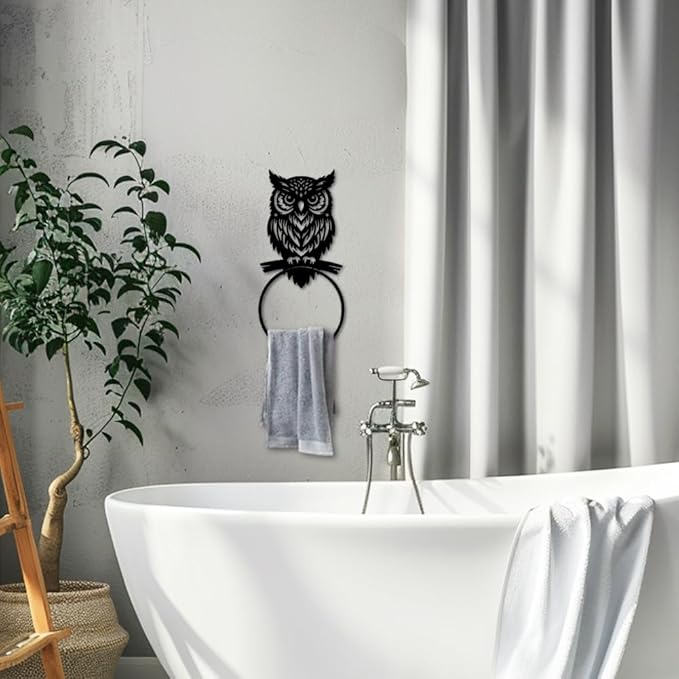 MAYJOYDIY Owl Metal Towel Ring Antique Night Owl Hand Towel Holder Round Animal Birds Towel Hangers Black Bathroom Towel Rack Wall Mounted for Kitchen Bath Home Laundry Room Decors Gifts