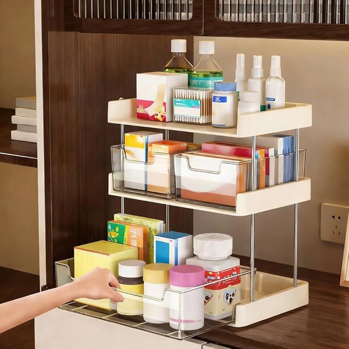 Palmhill 3-Tier Medicine Organizer Medicine Cabinet for Vanity, Bathroom, Bedroom (Beige & Clear)