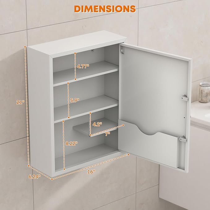 Medicine Cabinet with Dual Key Lock, Wall Mounted First Aid Cabinet, Pill Bottle Organizer Storage for Home Office & School Use 16" W x 6" D x 21" H (White)