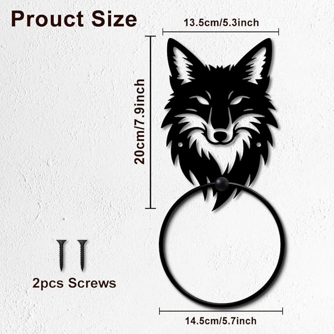 MAYJOYDIY Fox Head Metal Towel Ring Round Animal Hand Towel Holder Ring Hanger Wall Mount Black Vintage Towels Wall Organizer for Kitchen Bath Home Laundry Room Decors Gifts
