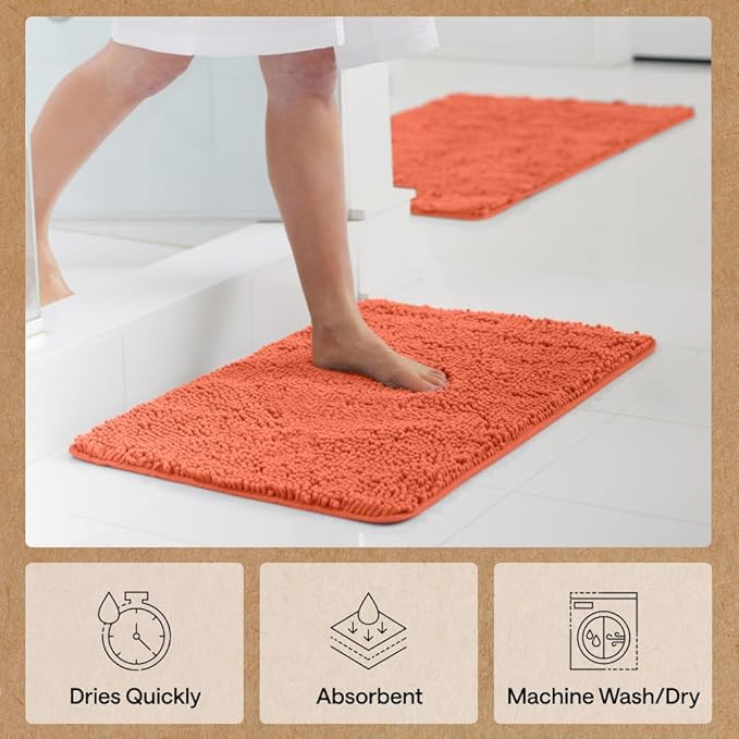 GORILLA GRIP Bath Rug Mat, Thick Soft Absorbent Chenille, Quick Dry Microfiber Mats, Rubber Backing Washable Shower Floor Rugs, US Designed Bathroom Bathmat Home Decor Accessories, 24x17, Coral