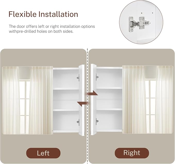TEENFON Medicine Cabinet Mirror with 2 Doors, Mount or Recessed Bathroom Wall Cabinet, Bathroom Mirror with Storage 3 Adjustable Shelves, White, 27.6 x 22.1 inch