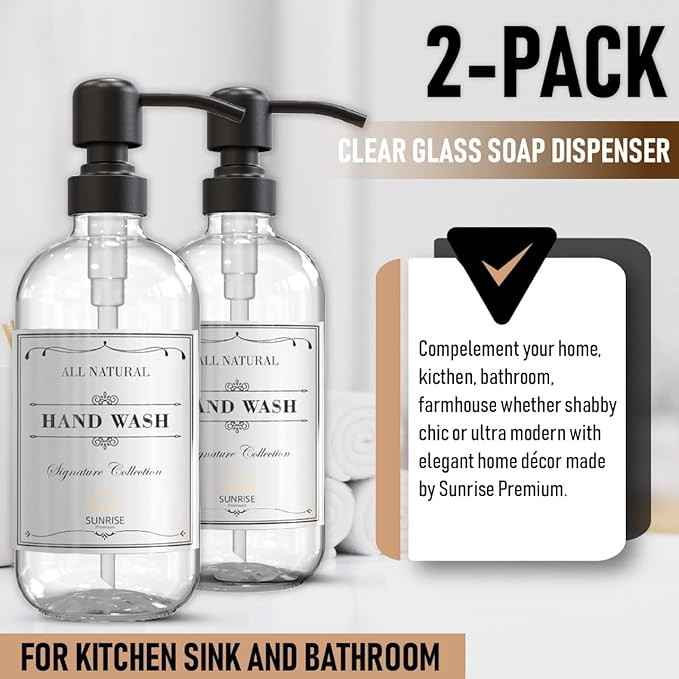 Sunrise Premium 2 Pack Clear Glass Soap Dispenser 16 OZ with Matte Black Stainless Steel Pump, Hand and Dish Soap Dispenser Set for Bathroom and Kitchen Sink with 6 Waterproof Labels