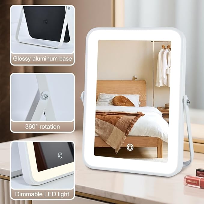 Rechargeable LED Vanity Mirror with Lights, 10"x7" Small Lighted Makeup Mirror, Portable Travel Desk Mirror, 3-Color Lighting, for Dorm, Bedroom, Gifts for Women