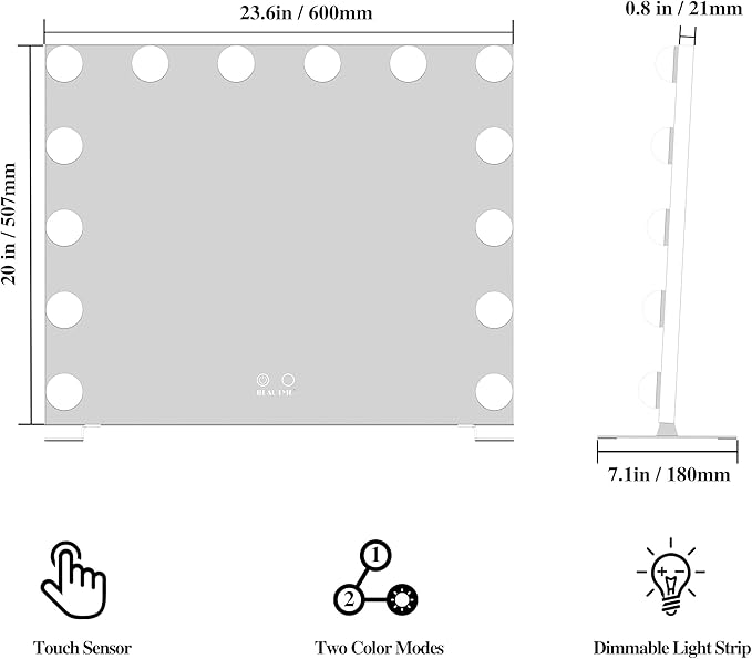 BEAUTME Vanity Mirror with Lights, Lighted Makeup Mirror with 14 Dimmer Bulbs, 2 Color Lighting Mode, Touch Control, Tabletop or Wall Mounted for Bedroom,Dressing Room,Black 23.6" X 20"