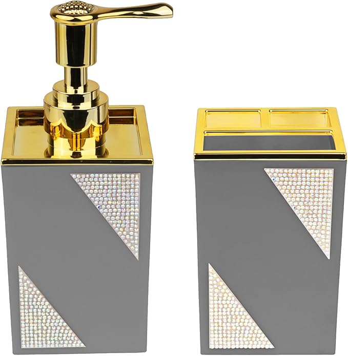 Bathroom Accessories Set, Square 2-Piece Gray Soap Dispenser & Toothbrush Holder with Sparkling Inlaid Diamonds, Modern Geometric Vanity Set