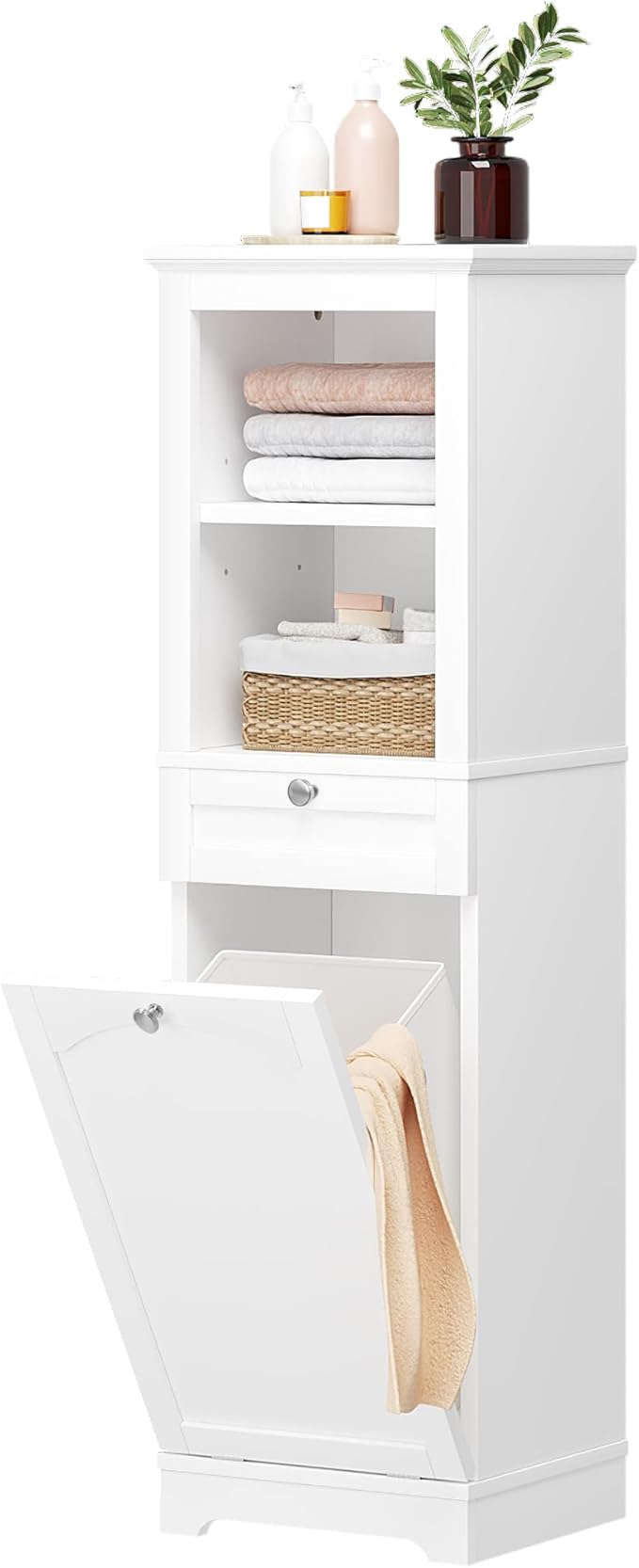 YITAHOME 53" Tall Tilt-Out Laundry Storage Cabinet, Hidden Hamper with Adjustable Shelves, Removable Basket & Sturdy Wooden Design for Bathroom or Laundry Room Organization, White