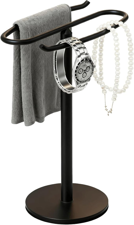 13-inch Black Stainless Steel Freestanding Towel Rack Pole with Dual-Bracket Towel Ring and Hand Towel Holder Bathroom Sink, Kitchen Counter Towel Hardware