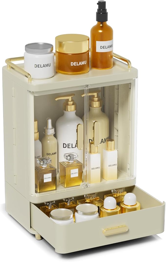 Delamu Bathroom Makeup Organizer Countertop with Drawer, 3-Tier Large Capacity Bathroom Counter Countertop, 15.2' Tall Storage for Perfume, Cosmetic, Skincare and More, Ideal Present for Her, Beige