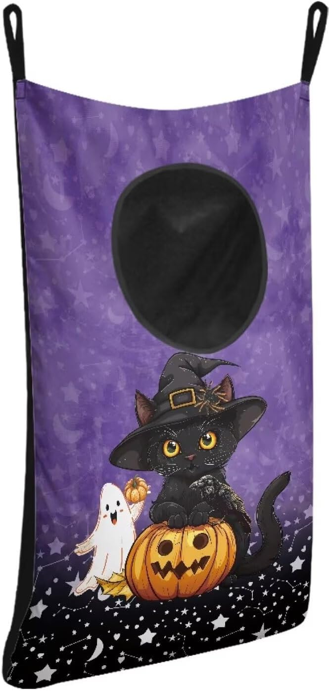 ZOUTAIRONG Hanging Hamper for Clothes Over the Door Laundry Hamper Laundry Basket Hanging Shelf Closet Storage Organizer Hamper Laundry Bag for Halloween, Black Cat Pumpkin