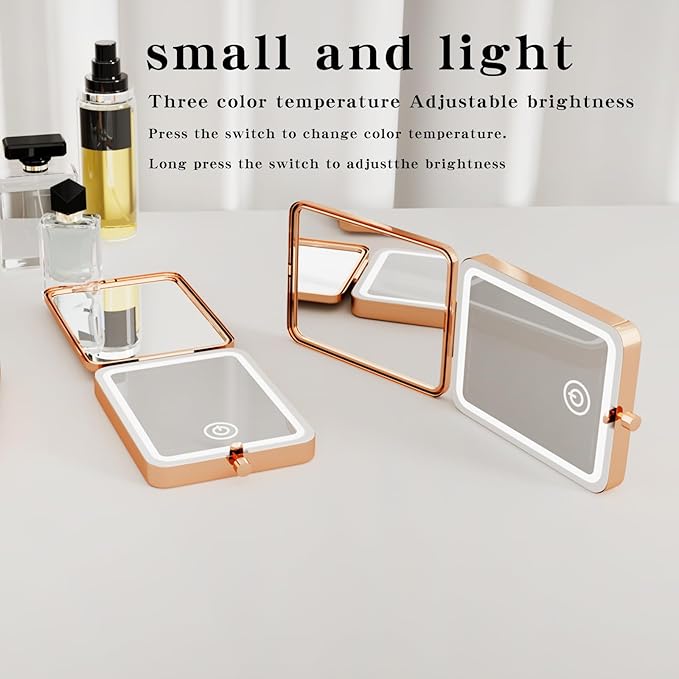 Rechargeable Compact LED Makeup Mirror with 3X Magnification, 3 Light Modes, Tulip Engraved Foldable Travel Mirror for Purse, Portable 2-Sided Vanity Mirror for Women Gift（Tulip）