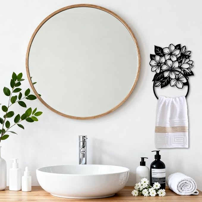 MAYJOYDIY Flower Clusters Metal Towel Ring, Frangipani Flowers Black Hand Towel Holder, Branch Leaves Hanging Ring Wall Mounted Bathroom Accessories for Bathroom Kitchen Home Decoration Gift