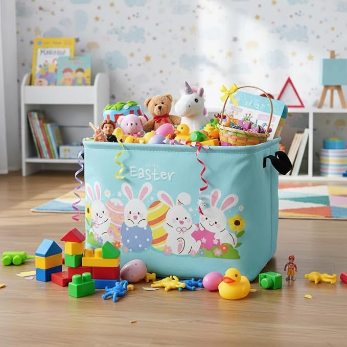 Rectangular Easter Basket Easter Basket for Kids Baby Storage Basket Cute Toy Storage Bin Organizer Shelf Book Basket Easter Room Decor(Cartoon Easter Basket)