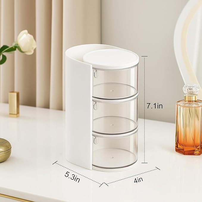Rotating Makeup Organizer with Brush Holder, DIY 3-Layers Drawer Skincare & Cosmetic Organizers for Vanity Bathroom Countertop, Easy to Store Puff, Lipsticks, Nail Polishes, Perfumes
