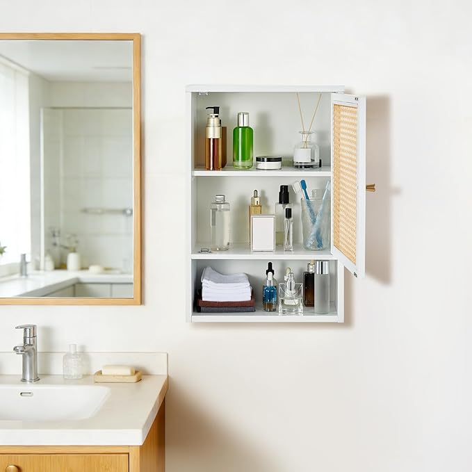 Bathroom Wall Cabinet, Bamboo Medicine Cabinet with Rattan Doors, Adjustable Shelf, Wall Mounted Storage Cabinet for Bathroom, Kitchen, Laundry Room White