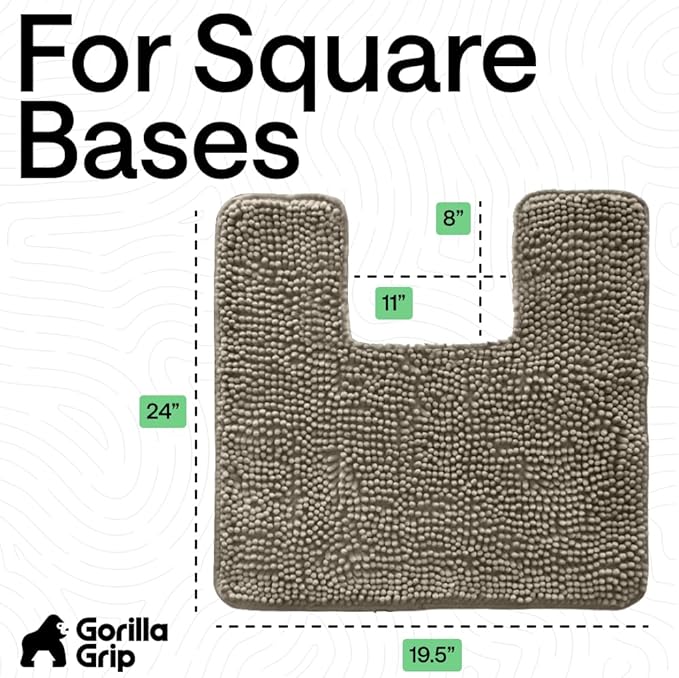 GORILLA GRIP Plush Absorbent Shaggy Chenille Bath Rug Mat for Square Toilet Base with Rubber Backing, Machine Washable Rugs, Soft Microfiber Contour Mats for Toilets, Bathroom Decor, Latte