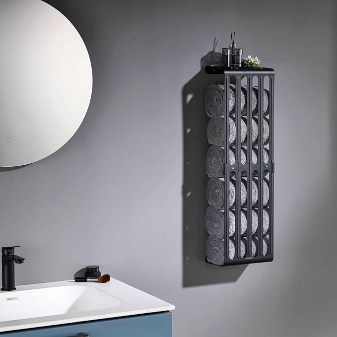 simpletome Towel Storage Rack Adjustable Height Wall Mount Bathroom Shelf Organizer Carbon Steel (Matte Black)