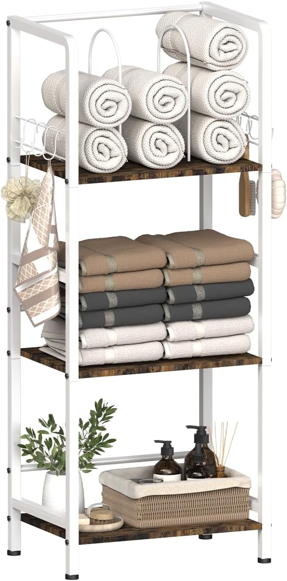 Mondazie Free Standing Towel Racks for Bathroom with U-Shaped Detachable Dividers, 3-Tier Floor Towels Holder Stand with Shelf & 8 S-Hooks, Metal Pool Towel Storage Organizer for Home, Poolside, White