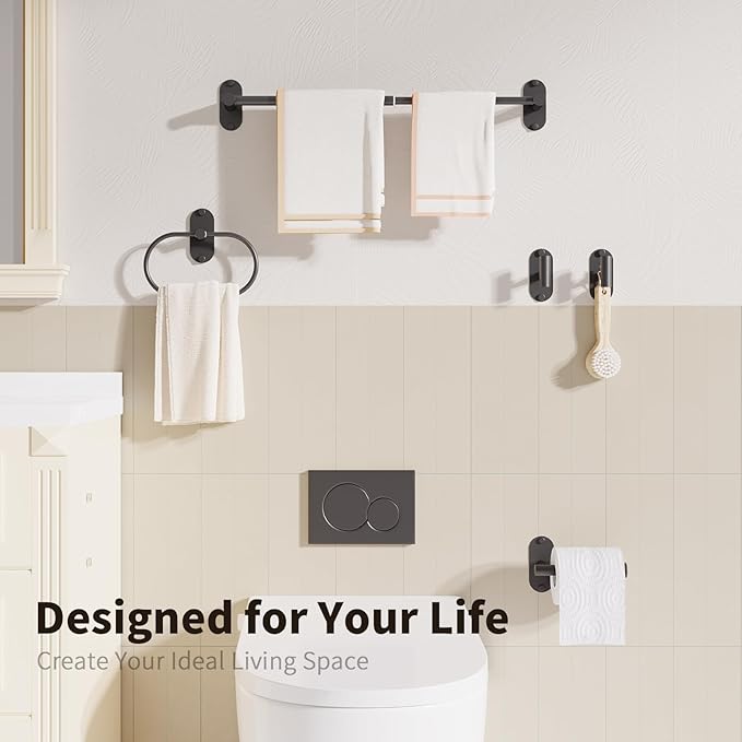 5-Piece Bathroom Hardware Accessories Set, Self-Adhesive & Wall Mounted SUS304 Stainless Steel Towel Bar Set, Adjustable Towel Bar, Towel Ring, Toilet Paper Holder & 2 Hooks(Matte Black)