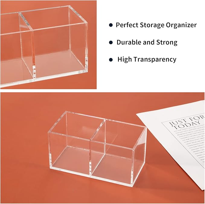 Acrylic Makeup Brush Organizers, 2 Section 2-Compartment Transparent Plastic Lipstick Holder Clear 4.72x2.36x2.36 Inches Storage Square Cube for Bathroom Jewelry Accessories