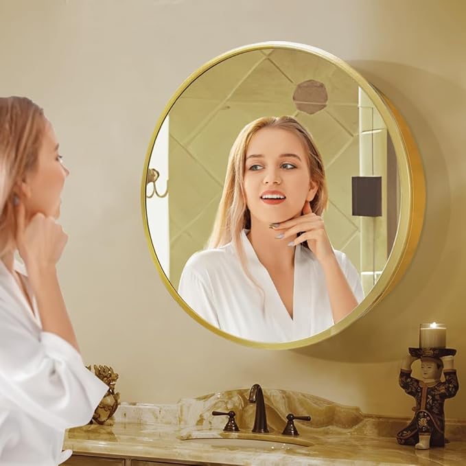 Round Medicine Cabinet,Medicine Cabinet with Mirror,Aluminum Framed,Soft Close Hinge,20inch,Gold