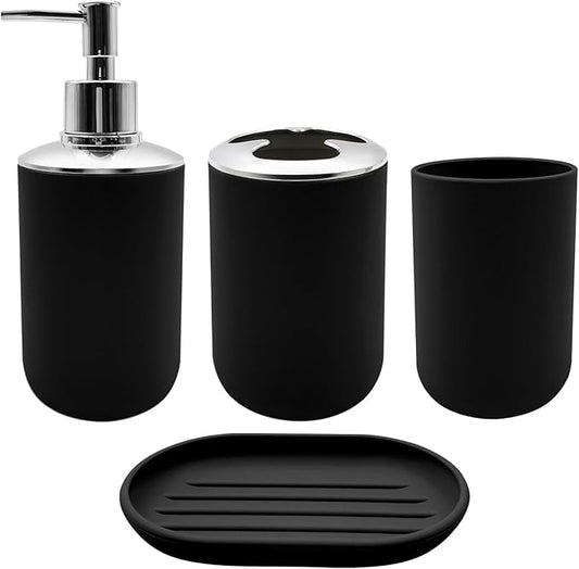 Bathroom Accessory Set, 4 pcs Shatter-Resistant Resin Bathroom Accessories Set Include Lotion Soap Dispenser Toothbrush Holder Soap Dish Modern Bathroom Decor, Gift for Home (Black 4pcs)