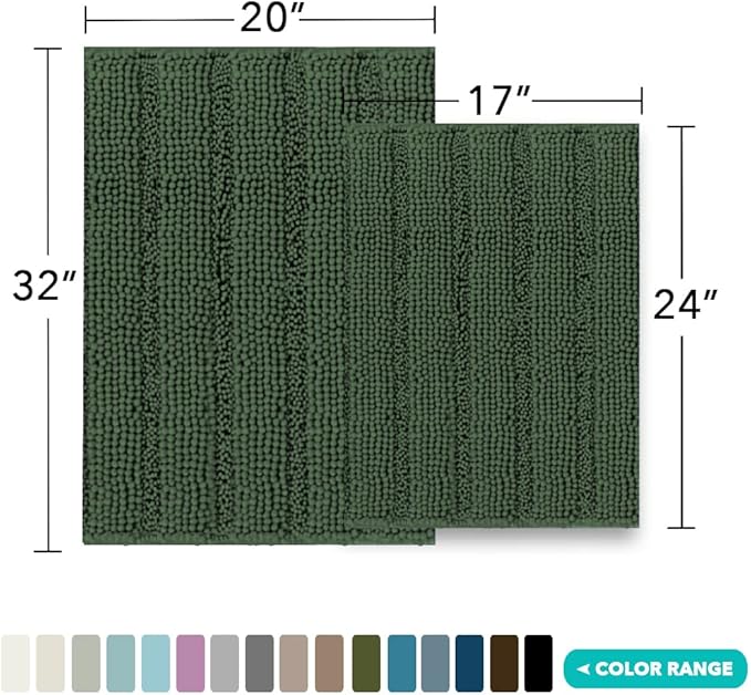 Turquoize Chenille Bathroom Rugs Set - Non-Slip Bath Mats for Bathroom Floor, Kitchen/Entryway (20" x 32" and 17" x 24"), Bronze Green
