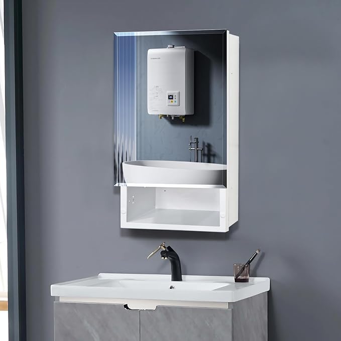 16x26 Bathroom Mirror with Storage, Recessed & Surface Mount Medicine Cabinet, Beveled Edge Bathroom Cabinet with Mirror, Wall Mounted Mirror Cabinet, with Modern Sleek Design