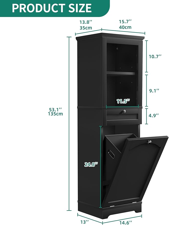 YITAHOME 53" Tall Tilt-Out Laundry Storage Cabinet, Hidden Hamper with Adjustable Shelves, Removable Basket & Sturdy Wooden Design for Bathroom or Laundry Room Organization, Black