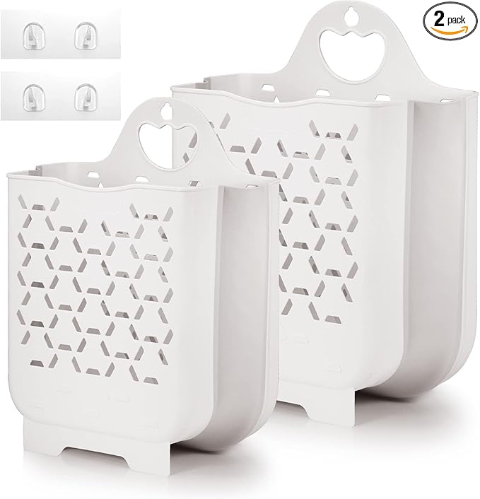 Laundry Basket Collapsible Laundry Hamper 2 Packs Clothes Hamper Portable Dirty Clothes Basket Smart Saving Space Hampers for Laundry Dorm Room Ventilated Design (White)