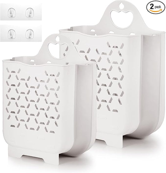 Laundry Basket Collapsible Laundry Hamper 2 Packs Clothes Hamper Portable Dirty Clothes Basket Smart Saving Space Hampers for Laundry Dorm Room Ventilated Design (White)