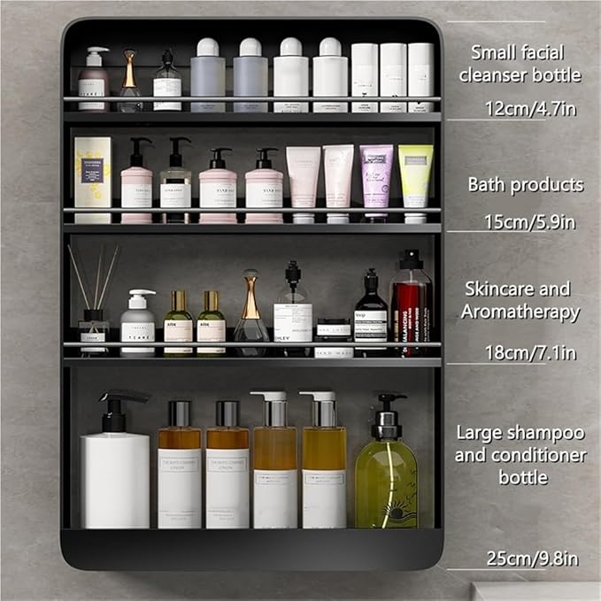 Multi-Layer Wall Mounted Bathroom Shelves, Punch-Free Makeup Organizer, Metal Wall Hanging Spice Rack, Multifunctional Wall Shelves for Kitchen, Bathroom or Living Room(Black,Large)