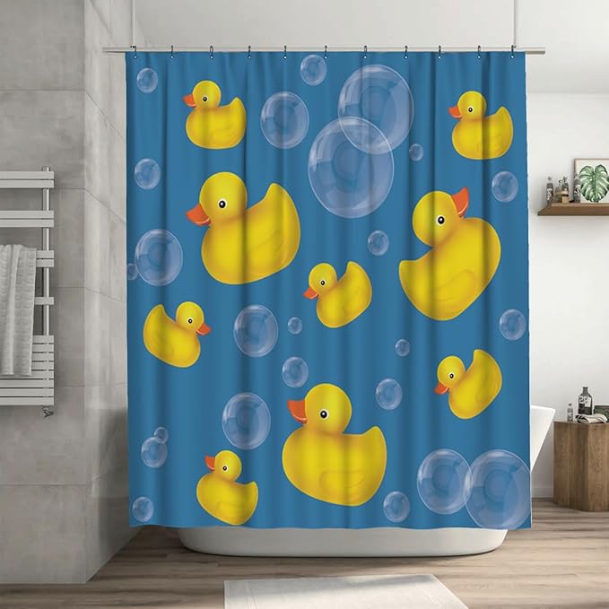 Ansouyi 4Pcs Bathroom Shower Curtain Sets with Non-Slip Rugs, Toilet Lid Cover and Bath Mat, Soap Bubbles Ducks on Blue Durable Waterproof Shower Curtain for Bathroom Set, 72x72 Inch