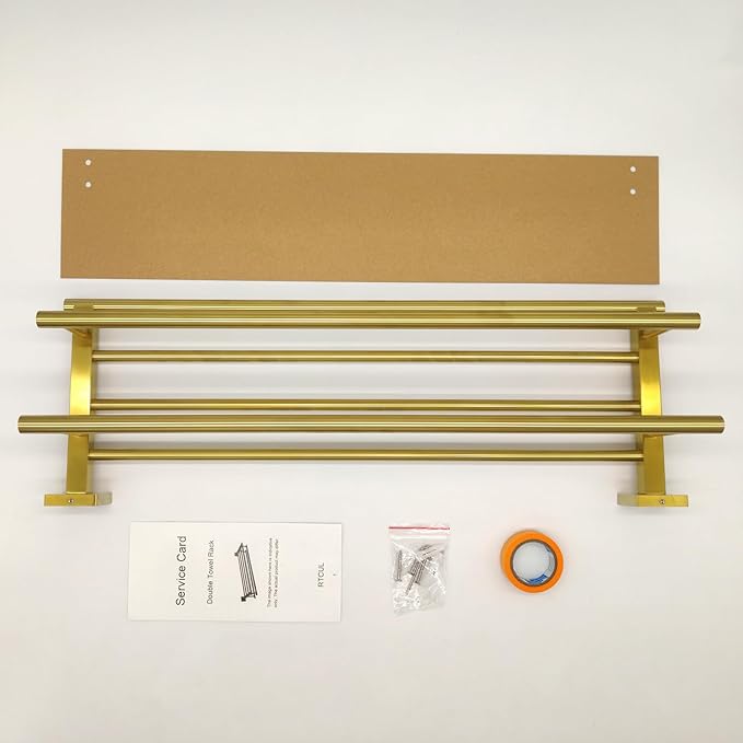 Bathroom Towel Rack 24 Inch Tower Holder with Double Towel Bar Brushed Gold Towel Rack Wall Mounted SUS304 Stainless Steel Hotel Towel Shelf Modern Towel Hanger