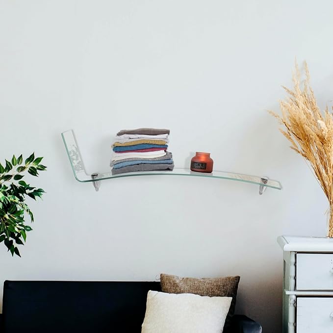 Bent Chase Shelf, 31.5” L x 8” W Inch - 3/8 Inch Thick Clear Tempered Glass Shelve with Flat Polished Edge-Comes with 2 Free Chrome Brackets and Screws for Living Room, Bedroom and Wall Decoration
