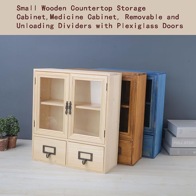 RZGKLSH Countertop Medicine Cabinet - 12.2"x4.7"x14.2"Vintage Cabinet - Pantry Storage - Glass & Wood Storage Cabinets with Doors and Shelves - Floating Shelf (Burlywood)