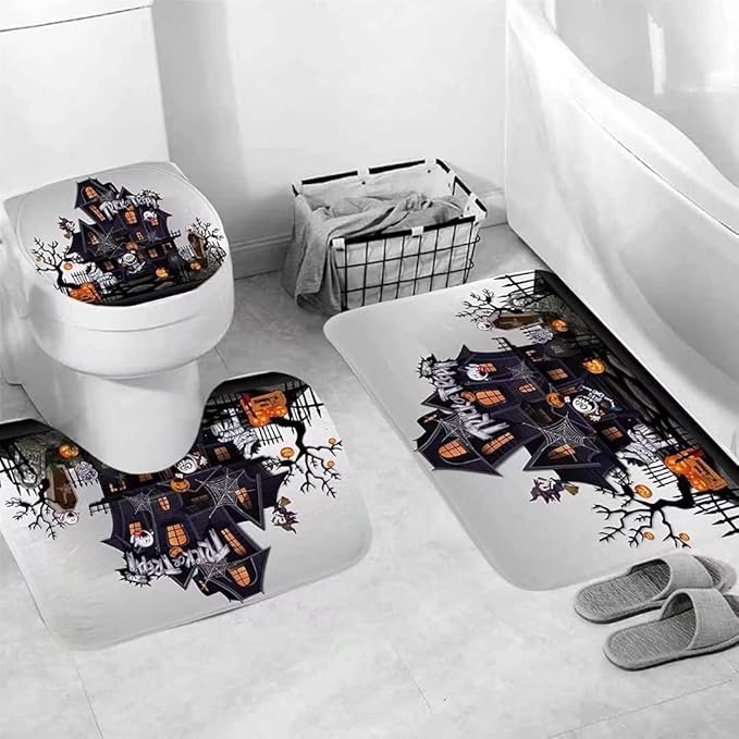NBVKO Halloween Pumpkin Waterproof Shower Curtain,with Non-Slip Rugs,Toilet Lid Cover and Bath Mat,Bathroom Shower Decor Accessory Set