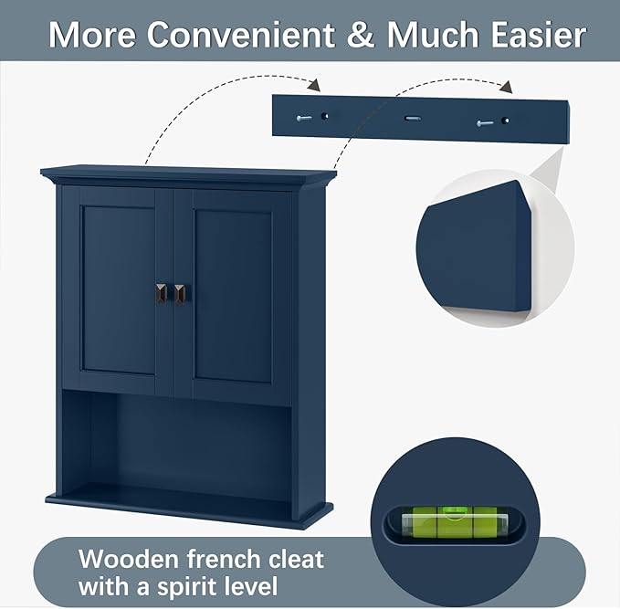 Bathroom Wall Cabinet, Wooden Medicine Cabinet Over Toilet Storage Cabinet with Doors and Adjustable Shelf Wall Mounted Storage Organizer Cabinet Above Toilet (Ultramarine)