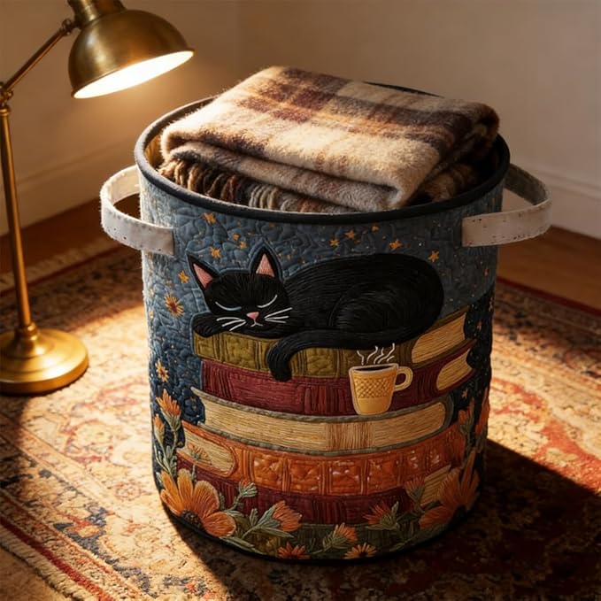 Cat Quilted Laundry Basket - 18"/22"/28", 2026 Large Quilted Cat Laundry Basket with Handles, Cozy Cat Fabric Storage Hamper for Nursery, Bedroom, Laundry Room, Clothes & Toys (2, L 20"X28”)