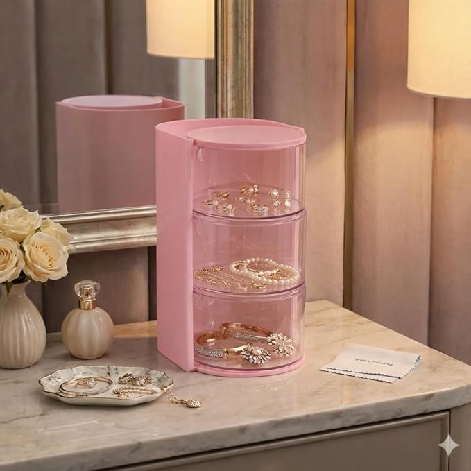 Hair Accessories Organizer with Hair Brush Holder, Rotating Makeup Brush Caddy for Girls Women, 3-Tier Clear Storage for Hair Clips, Ties, Jewelry & Necklaces, Pink