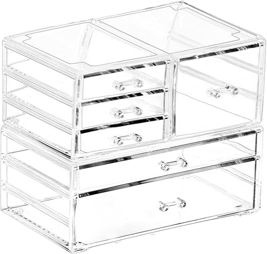 Cq acrylic 2 Pack Clear Stackable Storage Drawers for Vanity,Stackable 6 Drawers Desktop Organizer With Drawers,Cute Desk Storage for Office,Jewelry,Hair Clip,Beauty,Skincare and Make Up Organizers