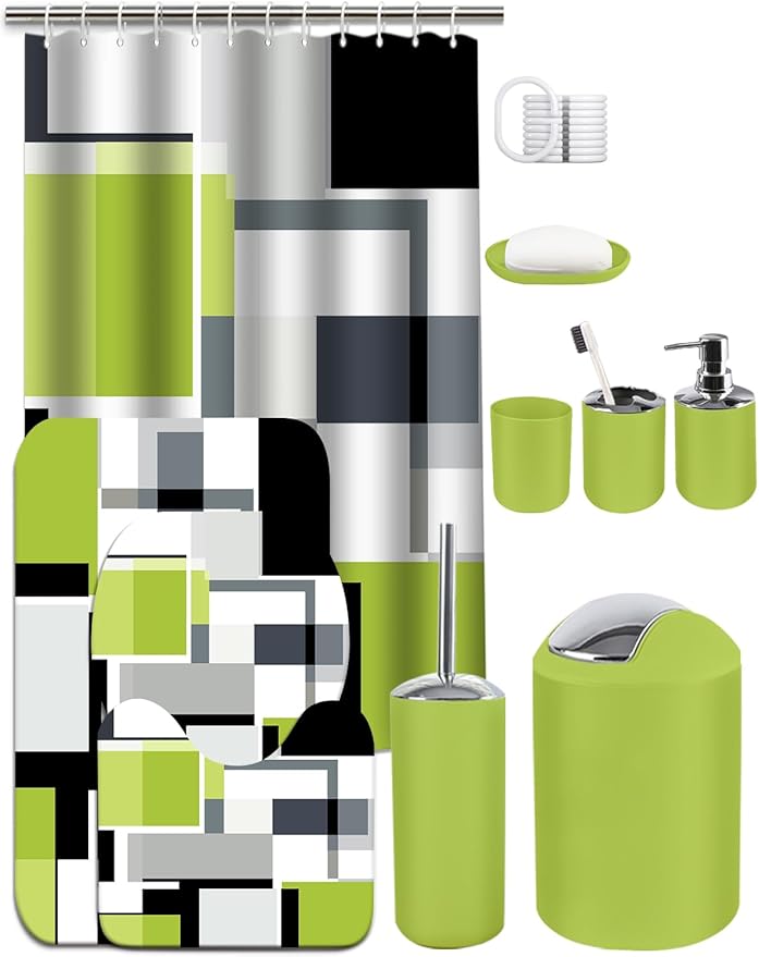 Lnond Green Bathroom Set, 22-Piece Green Black Geometry Bathroom Decor Set with with Shower Curtain and Rugs, Trash Can, Toilet Brush Holder Set & Soap Dispenser