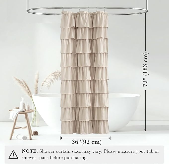 Seasonwood Small Beige Ruffle Shower Curtain Natura Farmhouse Vintage Handcrafted Rustic Decorative Fabric Shower Curtains for Bathroom, 36"x72"