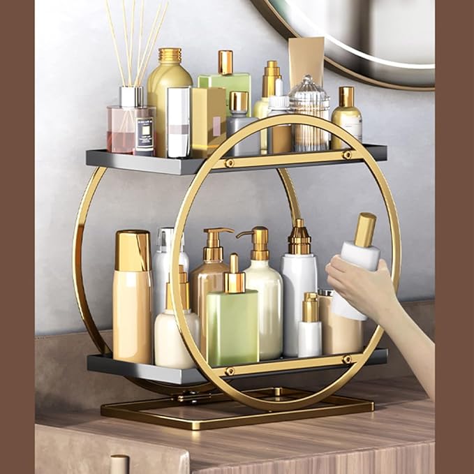 2-Tier Gold Bathroom Countertop Organizer, Round Metal Shelf for Skincare, Makeup and Toiletries,Cosmetic Display Tray, Storage Rack for Vanity, Kitchen,Office Desk