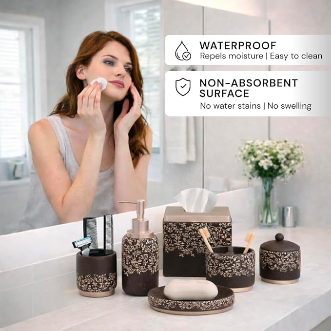 Decozen Bathroom Accessories 6Pcs Set, Soap Dispenser, Toothbrush Holders, Tumbler, Soap Dish & Cotton Swab Jar – Modern Bathroom Decor, Modern Farmhouse Decor, Countertop Accessories, Black