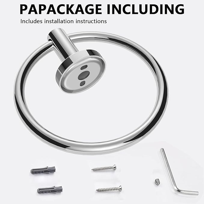 WOOPHEN Hand Towel Ring, Thicken Stainless Steel Bath Towel Holder Modern Round Towel Hanger Wall Mounted for Bathroom, Kitchen (Chrome Finish)